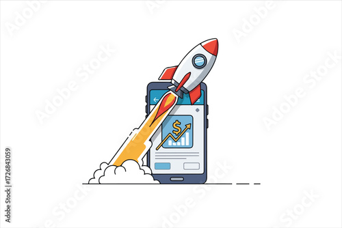 Mobile application launching into space, symbolizing rapid growth and success.