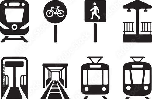 Modern transit icons: trains, signs, and stations