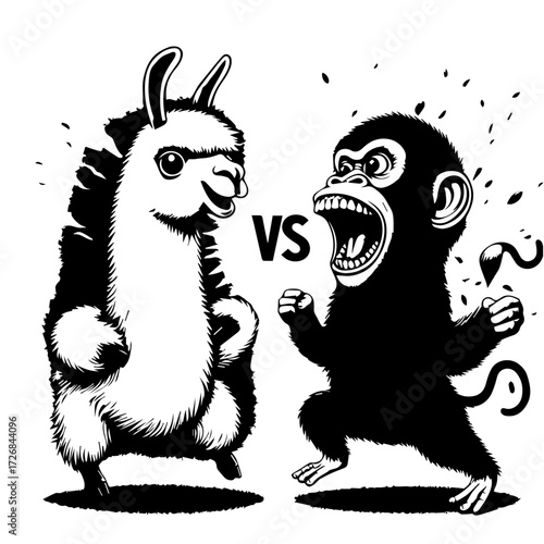 Illustration depicting a llama facing off against an angry monkey with a vs symbol between them