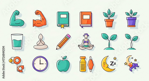 Illustration depicting healthy lifestyle choices with icons of exercise, diet, sleep, and mindfulness