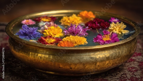 Golden bowl filled with vibrant flowers floating in water