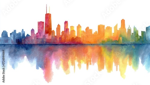 Watercolor cityscape skyline, vibrant colors, reflected in water