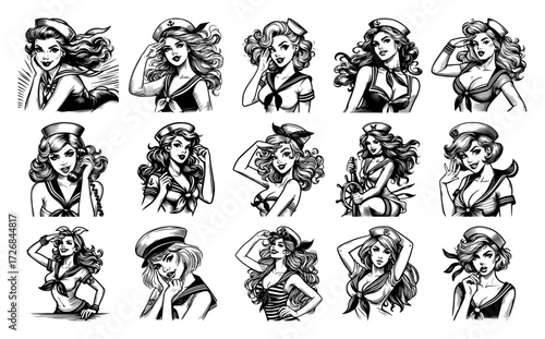 Retro pin-up girl mini-bundle with flirty vintage poses and hairstyles – classic tattoo flash beauty set illustration