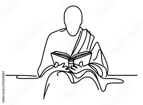 Focused student reading open book, drawn as elegant single continuous line – minimalist education study illustration
