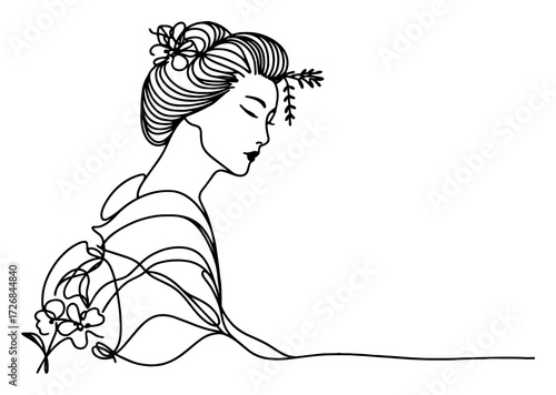 Graceful geisha profile with ornate hairpin and orchid, drawn as flowing single continuous line – minimalist Japanese beauty vector design