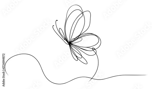 Delicate continuous-line butterfly fluttering with elegant looping path – minimalist nature icon illustration