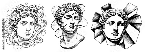 Classical statue head trio with vaporwave elements and abstract bust halos – trendy Greek sculpture collage illustration