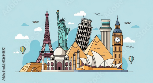 Illustration of world landmarks including the eiffel tower statue of liberty and leaning tower of pisa shown