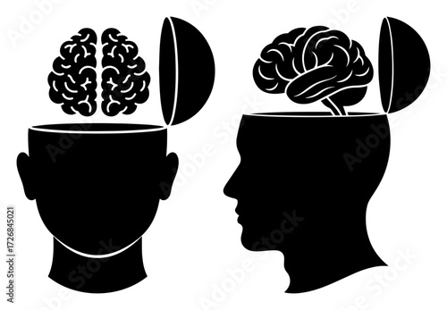 Human head silhouettes with brain lifting like lid – creative open-mind thinking concept vector illustration