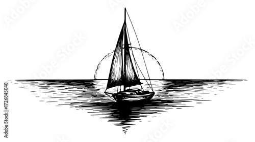 Lone sailboat gliding on calm sea against setting sun reflection – vintage nautical adventure sketch illustration