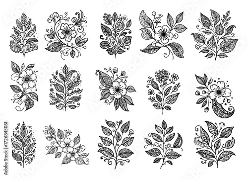 Decorative botanical bouquet bundle with whimsical leaves and blooming flowers – versatile folk floral ornament vector collection