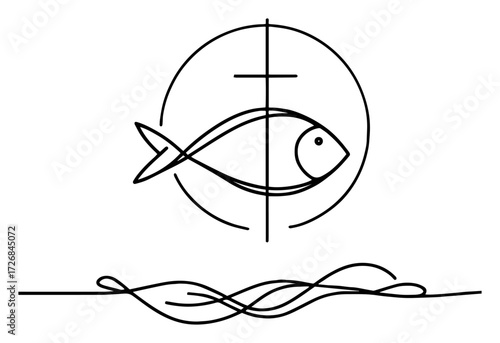 Christian ichthys fish intersecting stylised cross with flowing wave line – elegant faith symbol one-line design