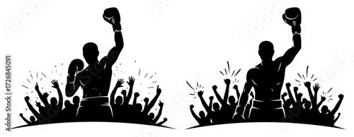 Victorious boxer raising fists to cheering crowd after knockout win – dynamic champion silhouette vector design