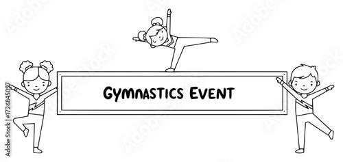 Kids gymnastics event banner with happy girls and boy posing on balance beam – fun school sports announcement illustration
