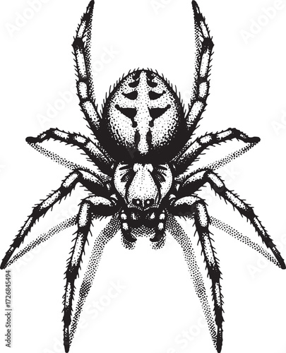 Detailed vector engraving illustration of a spider viewed from above.