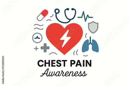Chest Pain Awareness Centered Medical Illustration with Heart Symbol and Health Elements