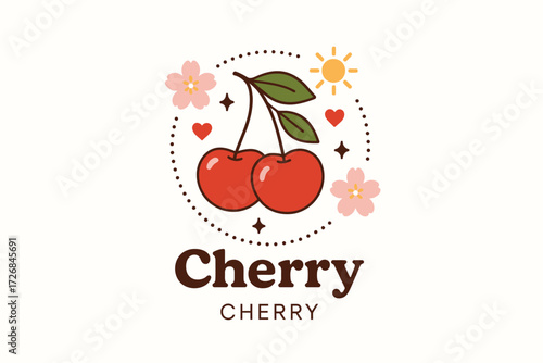 Cherry Minimal Flat Illustration with Fruit, Blossoms, and Leaves Centered Composition