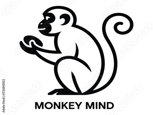 Monkey silhouette sitting and eating fruit, black jungle animal vector illustration for nature design