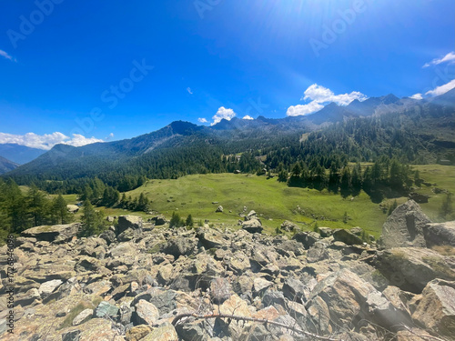 Rugged alpine terrain in the Mont Avic Natural Park, located in the Aosta Valley, Italy. The foreground features jagged rocks and sparse vegetation, including coniferous trees and small bushes.