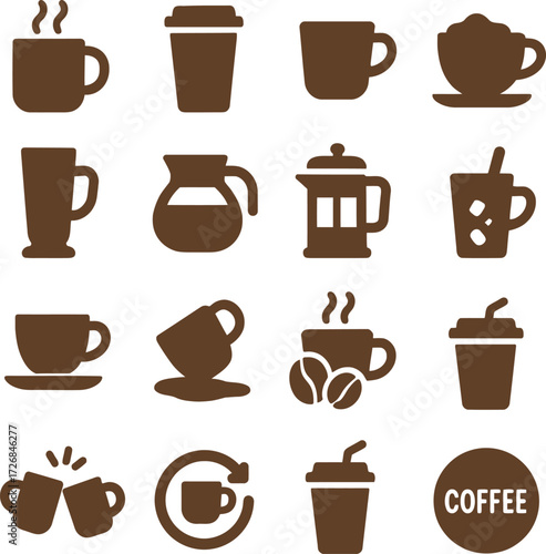 Coffee Cup 16 Solid Color Icon Set Collection on White Background