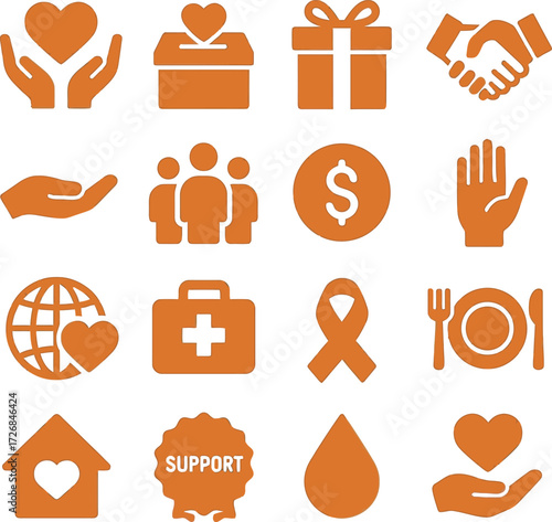 Care and Charity 16 Solid Color Icon Set Collection on White Background