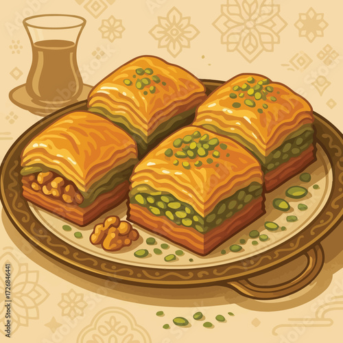 Baklava dessert arranged on a decorative plate.