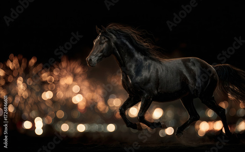 A black friesian horse at New Year Eve