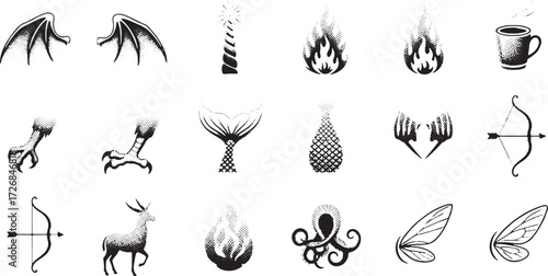 Fantasy Creatures And Symbols Bat Wings Mermaid Tail Fire Bow Arrow dragon wings lighthouse