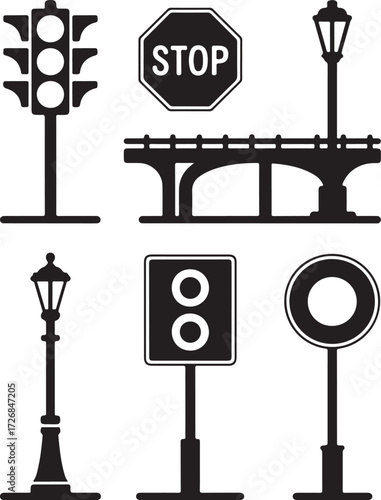 City elements streetlights traffic signals bridge stop sign