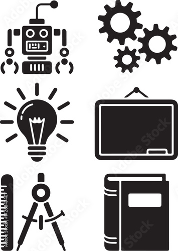 Robot, gears, lightbulb, book, ruler, compass icons
