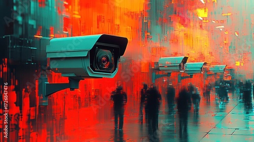 Futuristic city street surveillance cameras with pedestrians.