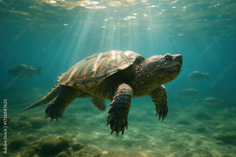 Obraz premium Serene underwater turtle swimming in clear blue water. Use for wildlife, conservation, nature education, and aquatic ecosystem themes.