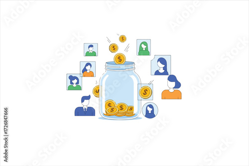 Coins are being dropped into a glass jar surrounded by profile pictures of people, illustrating fundraising or crowdfunding.