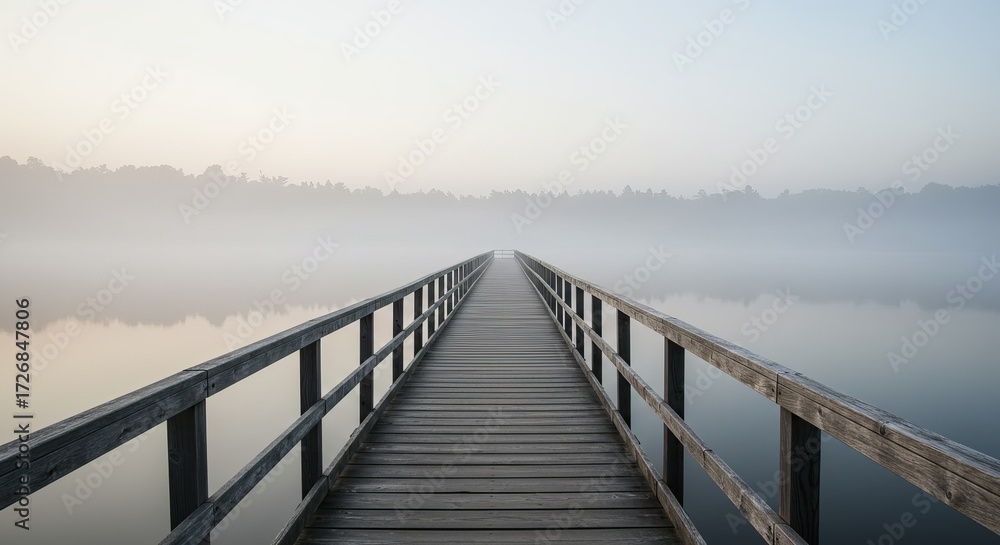 Fototapeta premium Serene wooden pier leads into tranquil misty lake at dawn, inviting peace and reflection