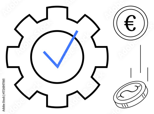 Gear mechanism with checkmark beside euro coins, emphasizing operational success and monetary growth. Ideal for efficiency, finance, automation, management, strategy, optimization, success in simple