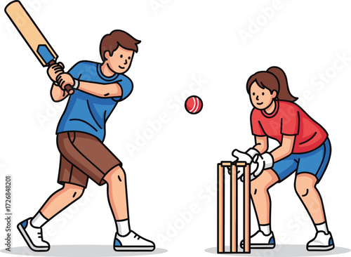 \Boy batting with cricket bat, girl wicketkeeper in gloves, outdoor sports activity, fun children cricket game, youth team sport.
