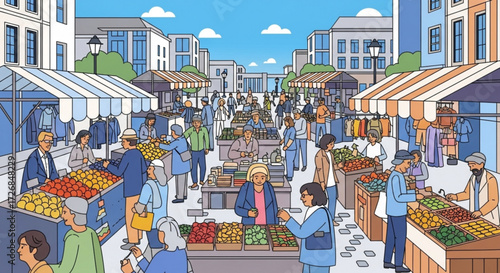 A bustling outdoor market scene with vendors and shoppers amidst city buildings and a bright blue sky above