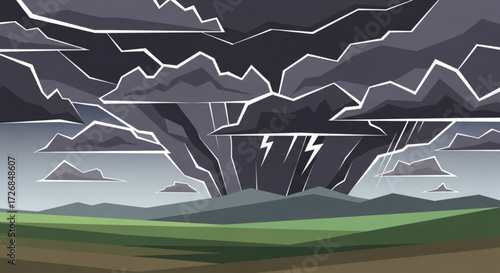 A stormy landscape with dark clouds and lightning strikes over green hills and a field in the foreground