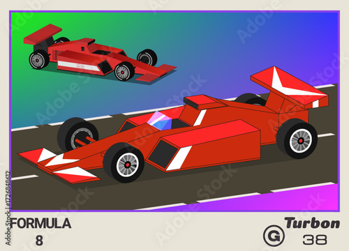 Vector collectible card, calendar or insert. Cartoon red 3D bolide, high speed formula 8 racing automobile. Low polygon toon sports car. Violet frame. Number 38