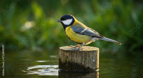 A great tit perched on a weathered wooden post in still water.  Blurred green background