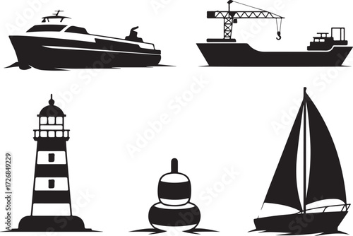Nautical icons: ship, crane, lighthouse, buoy, sailboat