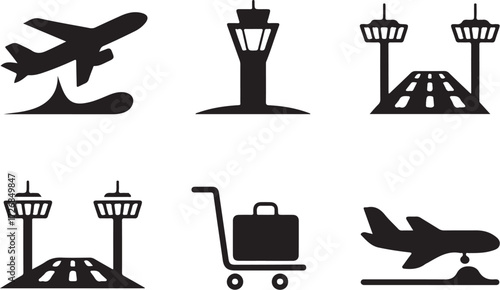 Airport icons plane, tower, runway, luggage cart