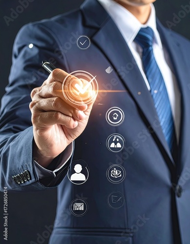 Businessman interacting with futuristic digital business technology interface icons.