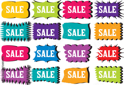 Set of new arrival and promotional stickers in vector format. Includes jagged-edged, pop, stylish, and simple designs for discounts, price reductions, special offers, campaigns, and fairs. Decorative 