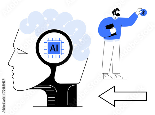 Human profile with AI chip in brain and arrows implies innovation. Man holding currency links AI to business, growth, learning, technology. Ideal for AI, economy balance, integration, automation
