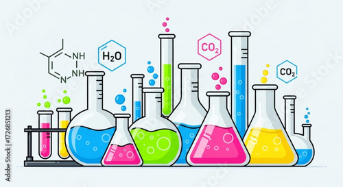 Illustration of laboratory glassware filled with colorful liquids and chemical formulas on a white background