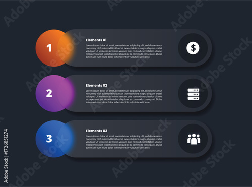 3 points infographic with glassmorphism style with round rectangle stacked list with circle edge with 3 elements