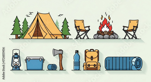 Illustration of camping equipment including a tent, chairs, campfire, and various camping supplies items