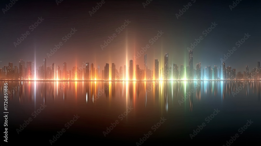 Fototapeta premium Futuristic Cityscape at Night with Colorful Reflections and Glowing Buildings in Water
