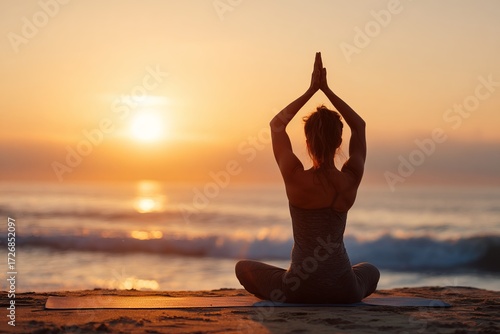 Woman practicing yoga meditation on beach at sunrise
